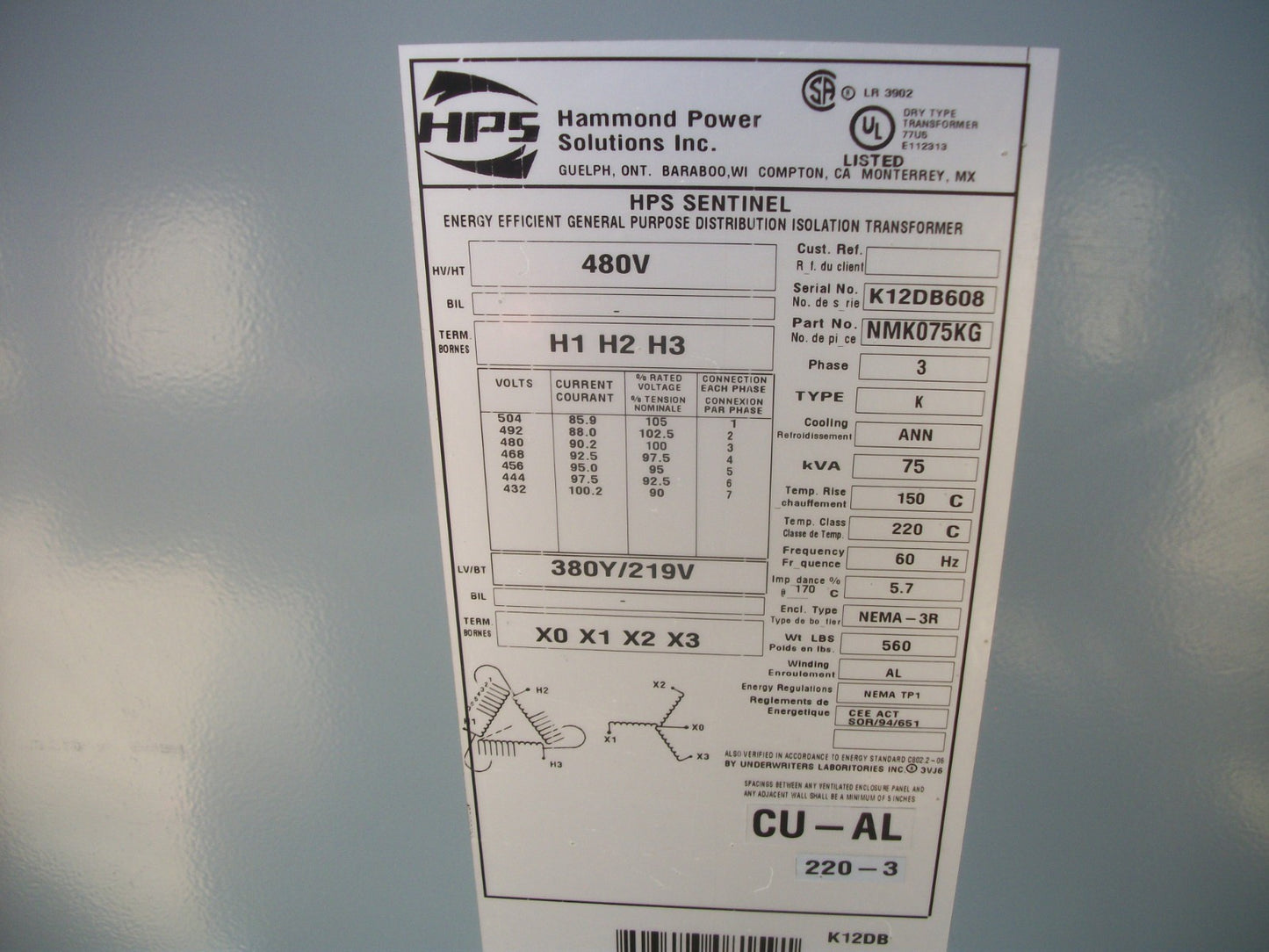 HAMMOND 75KVA 3PH TRANSFORMER TYPE 3R NMK75KG HV 480 LV 380Y/219