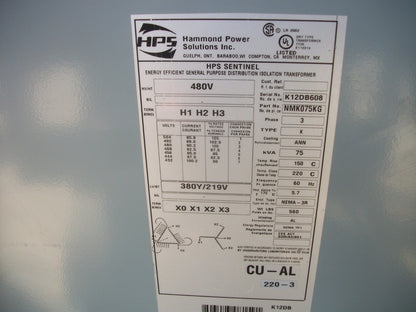 HAMMOND 75KVA 3PH TRANSFORMER TYPE 3R NMK75KG HV 480 LV 380Y/219