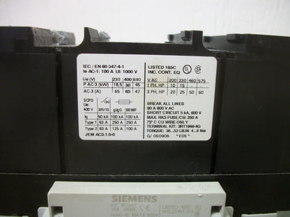 SIEMENS CONTACTOR 3RT1044-1FB46 90AMP 24VCOIL 3PH 600V 60HP