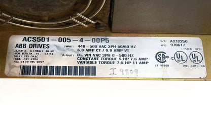ABB ACS500 5HP AC DRIVE ACS501-005-4-00P5 500VAC 3PH 6.8AMP