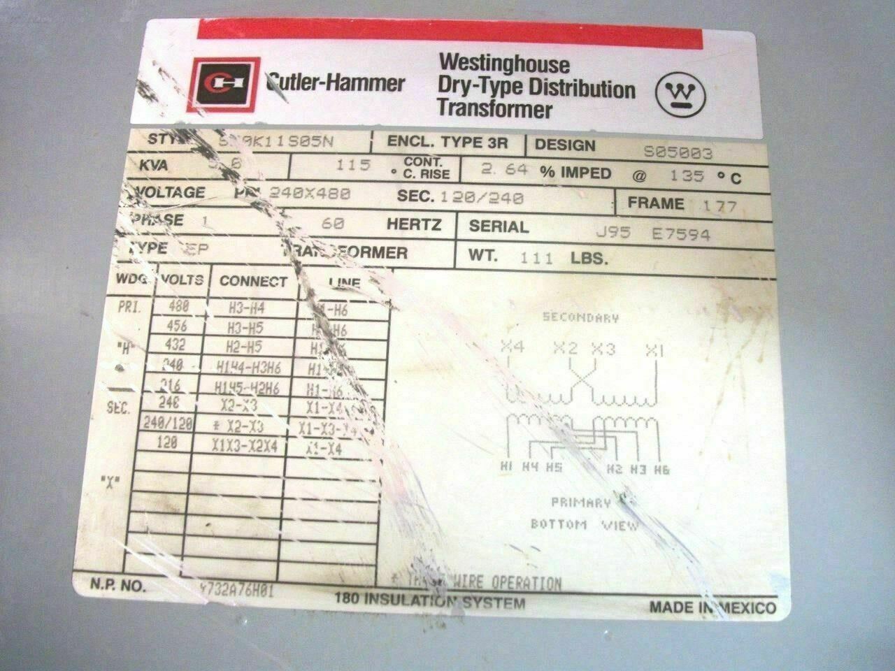 CUTLER-HAMMER 5KVA 1PH TRANSFORMER TYPE 3R S10K11S05N HV 240X480 LV 120/240