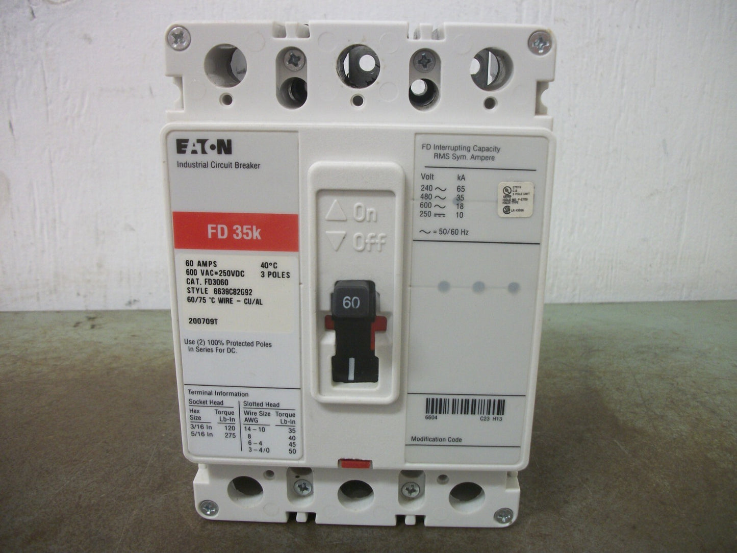 CUTLER-HAMMER FD CIRCUIT BREAKER FD3060 60AMP 600VOLT 3POLE RED