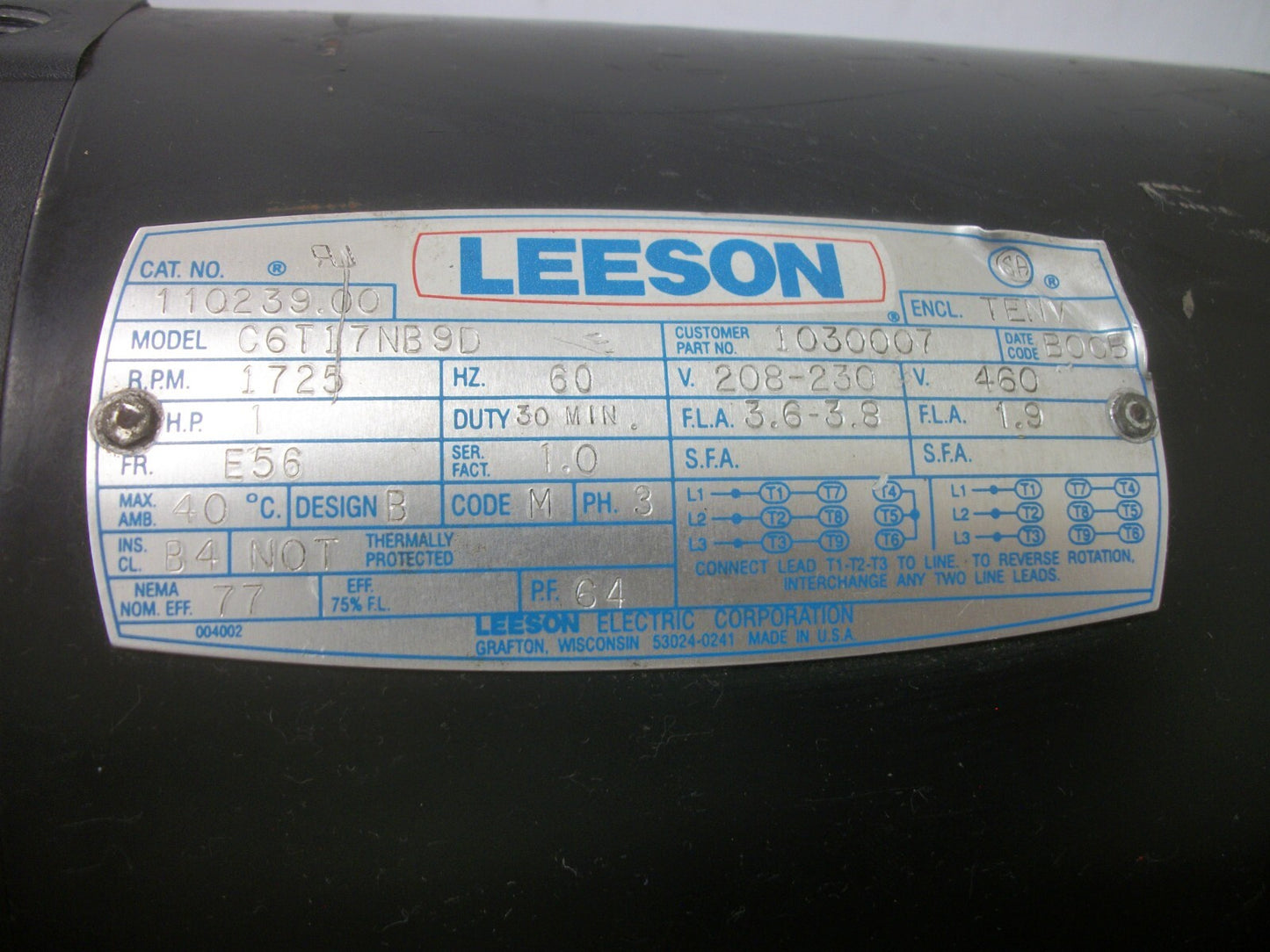 LEESON 1HP E56 TENV AC MOTOR 110239.00 460VOLT 3PH 1725RPM