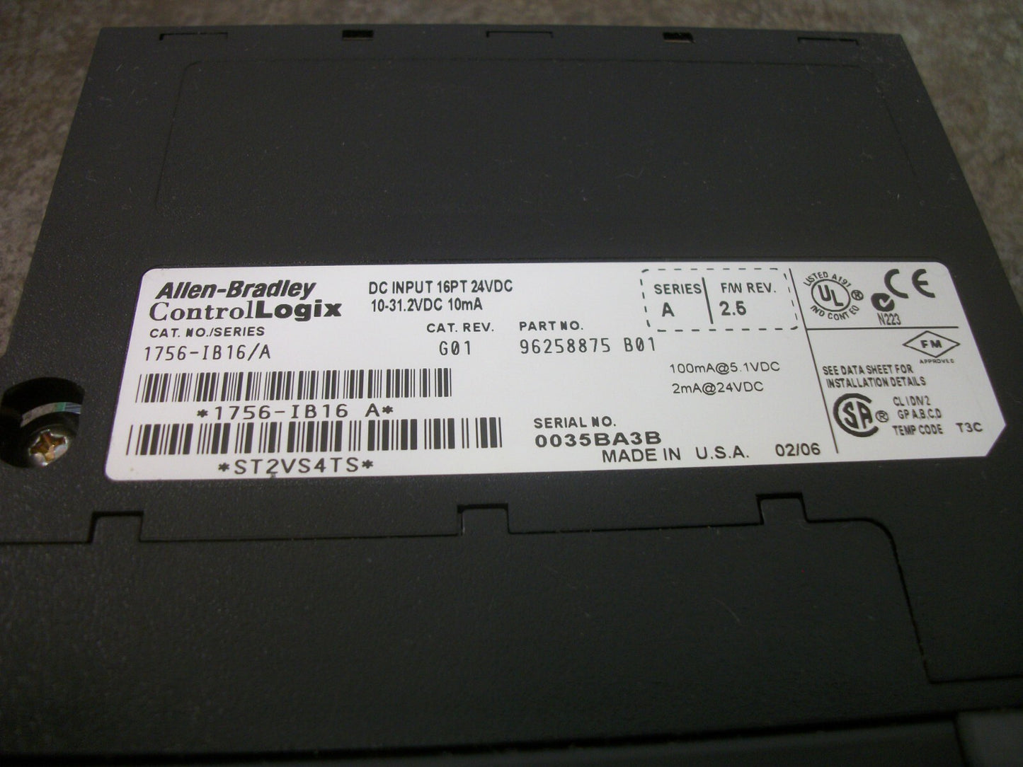 ALLEN-BRADLEY CONTROL LOGIX DC INPUT 16PT 24VDC MODULE 1756-IB16/A