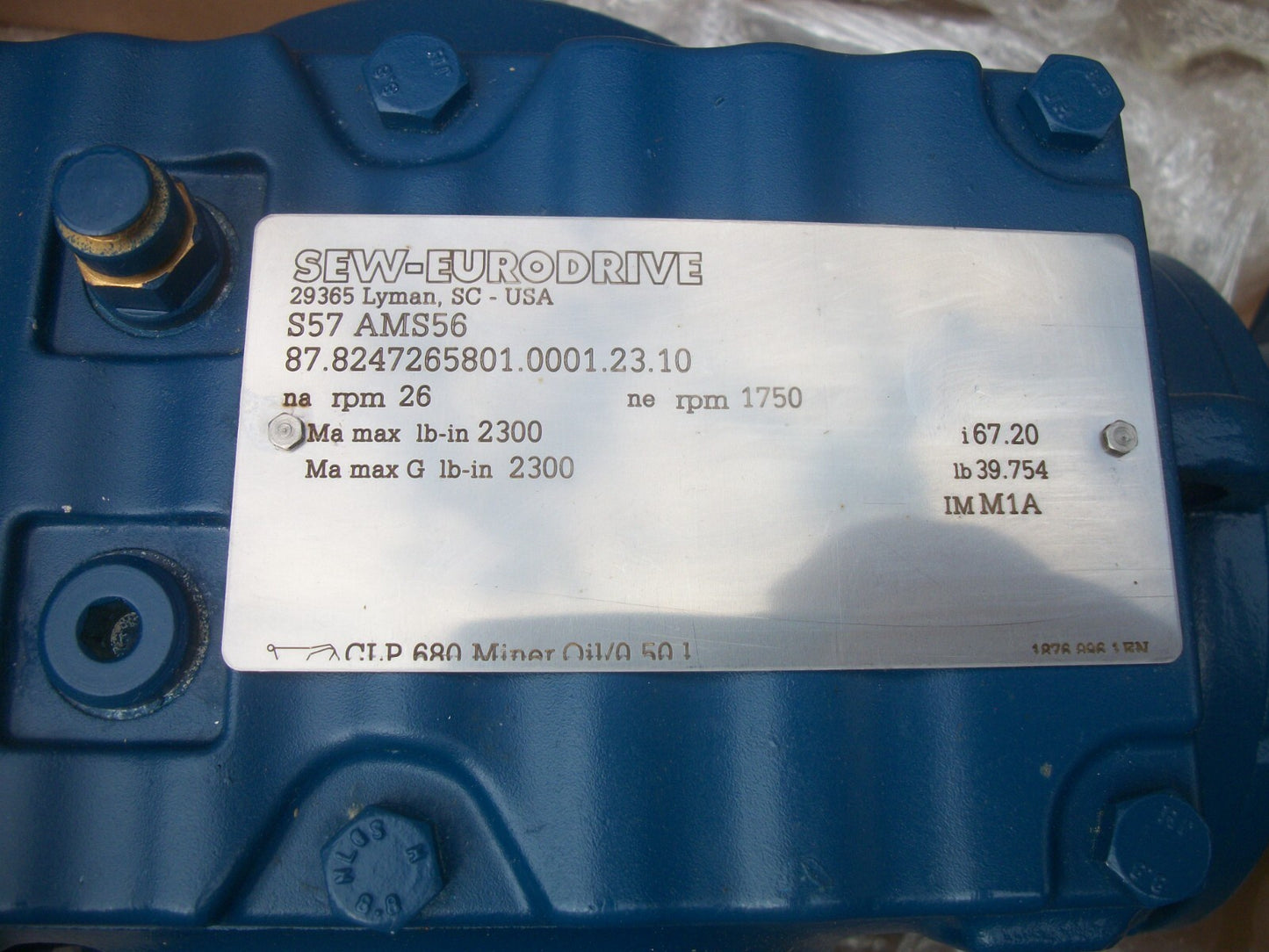 SEW-EURODRIVE 2300 LB-IN GEAR REDUCER S57AMS56 NA 26RPM NE 1750RPM NIB