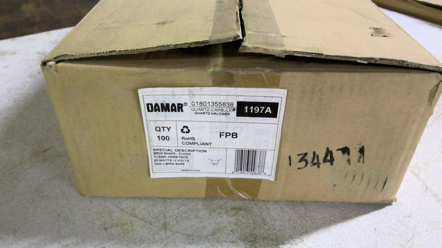 DAMAR 1197A BOX OF 100 MR16 FLOOD CLEAR QUARTZ HALOGEN BULBS FPB NIB