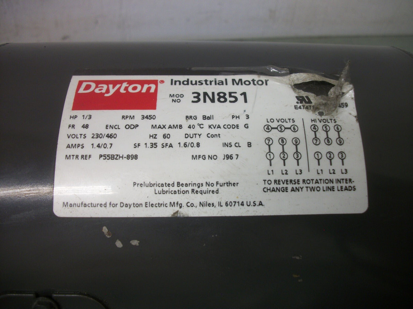 DAYTON 1/3HP 48 ODP AC MOTOR 3N851 460VOLT 3PH 3450RPM NOB