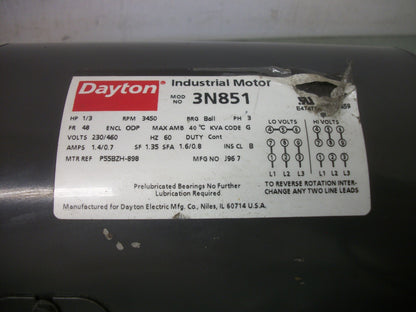 DAYTON 1/3HP 48 ODP AC MOTOR 3N851 460VOLT 3PH 3450RPM NOB