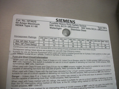 SIEMENS DISCONNECT SS TYPE 4,4X HF362S 60AMP 600VOLT 3POLE FUSIBLE NIB