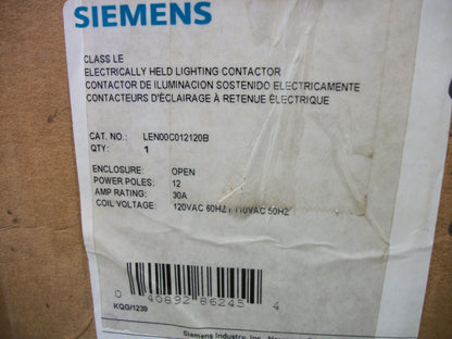 SIEMENS 30AMP LIGHTING CONTACTOR LEN00C012120B 120VCOIL 12POLE NIB
