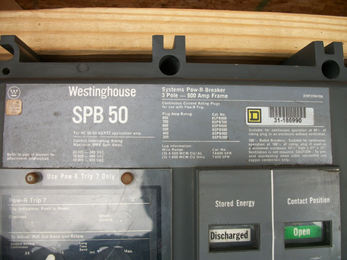 WESTINGHOUSE SPB 50 POW-R-BREAKER 800AMP 600VOLT 3POLE W/600A TRIP & SHUNT
