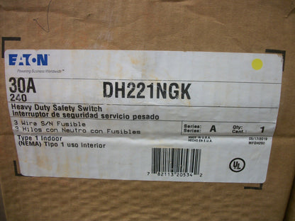 CUTLER-HAMMER DISCONNECT TYPE 1 DH221NGK 30AMP 240VOLT 2POLE FUSIBLE NIB