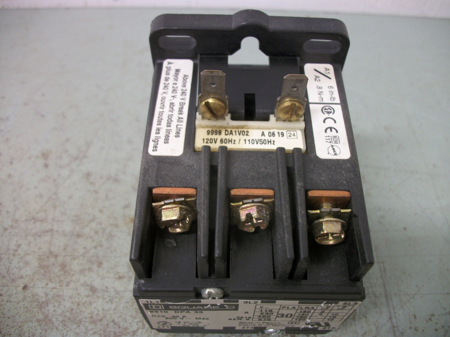 SQUARE D DEFINITE PURPOSE CONTACTOR 8910DPA33 8910DPA33 30AMP 120VCOIL...