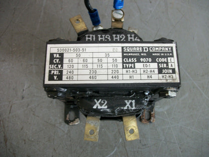 SQUARE D 50VA 1PH TRANSFORMER 9070EO1 HV 220X480 LV 110/120