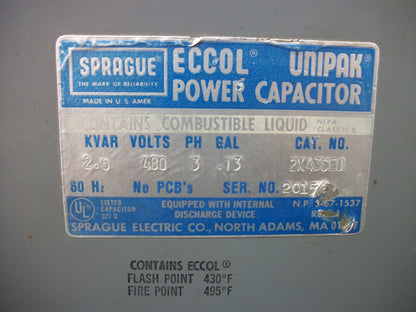 SPRAGUE ECCOL UNIPAK POWER CAPACITOR 2X43CEU 2.5KVAR 480VOLT 3PH NOB