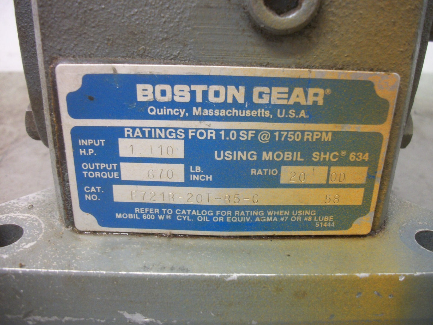 BOSTON GEAR 20:1 RATIO GEAR BOX SPEED REDUCER F721B-20T-B5-G 1750RPM 1.110HP