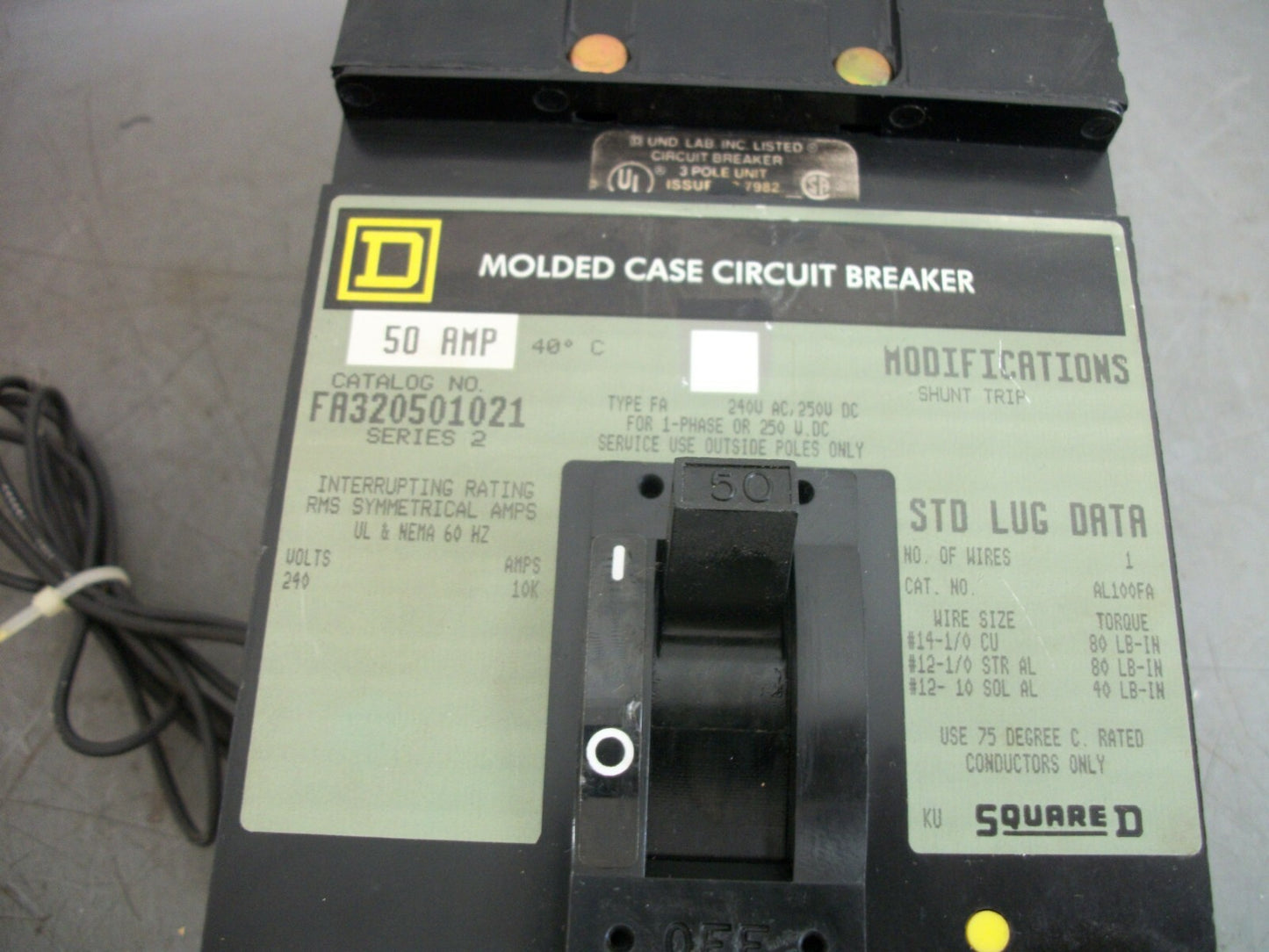 SQUARE D I-LINE FA CIRCUIT BREAKER FA320501021 50AMP 240VOLT 3POLE GRAY W/SHUNT