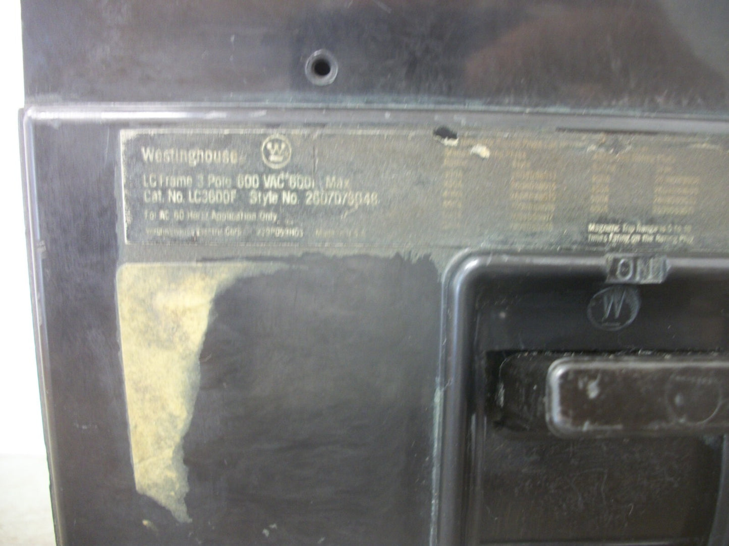 WESTINGHOUSE LC CIRCUIT BREAKER LC3600F 600AMP 600VOLT 3POLE W/500A TRIP