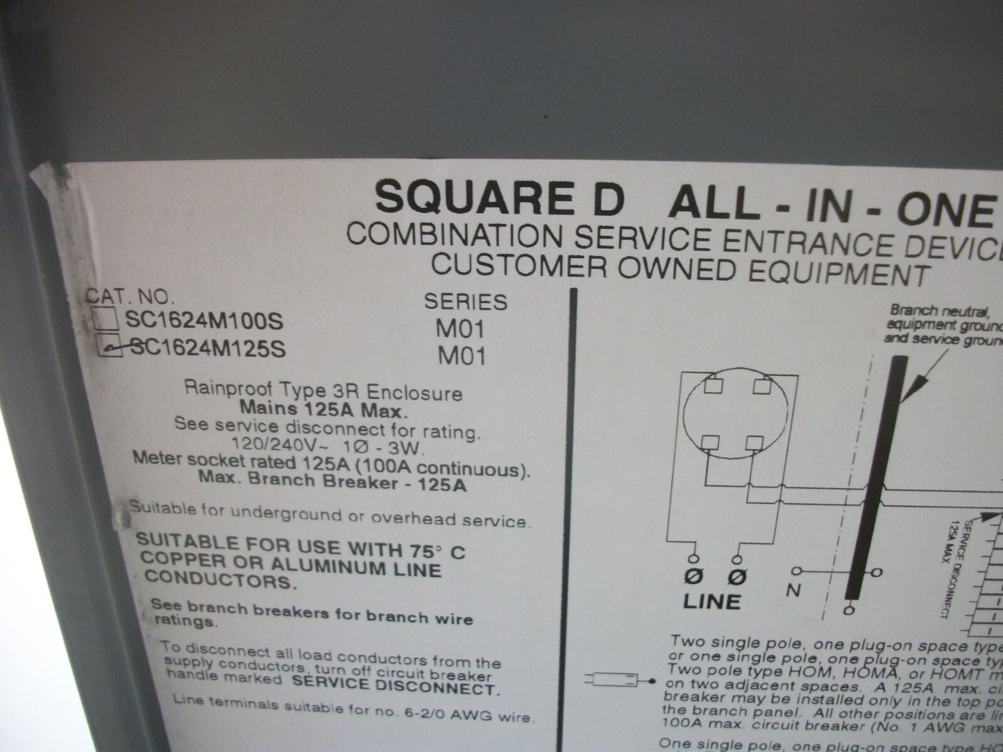 SQUARE D METER/LOAD CENTER PANELBOARD SC1624M125S 125A 120/240V 1PH 125A MAI NOB