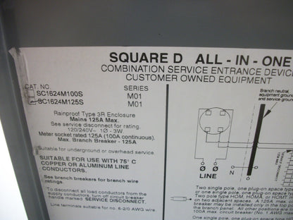 SQUARE D METER/LOAD CENTER PANELBOARD SC1624M125S 125A 120/240V 1PH 125A MAI NOB
