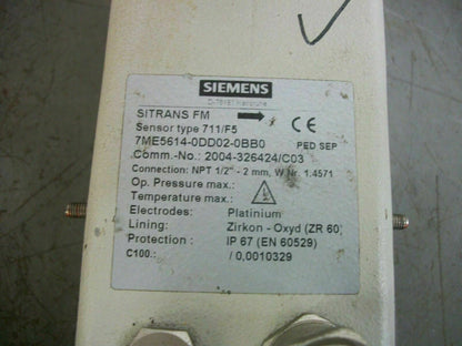 SIEMENS 711/F5 1/2" NPT SITRANS FM FLOW SENSOR 7ME5614-0DD02-0BB0