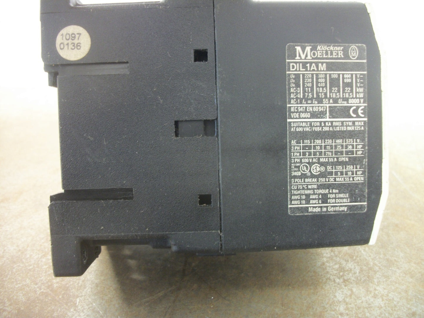KLOCKNER-MOELLER CONTACTOR DIL1AM 55AMP 120VCOIL 3PH 600V 30HP