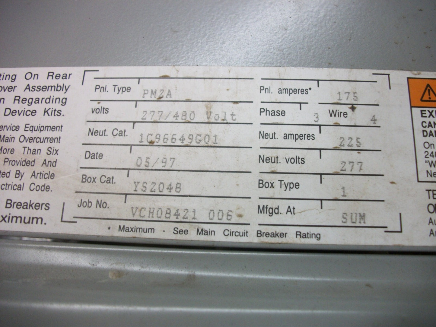 CHALLENGER PMZA LOAD CENTER PANELBOARD YS204B 175AMP 277/480VOLT 3PH W/150A MAIN