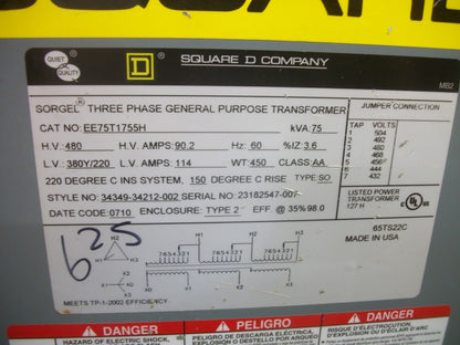 SQUARE D SORGEL 75KVA 3PH TRANSFORMER EE75T1755H HV 480 LV 380Y/220