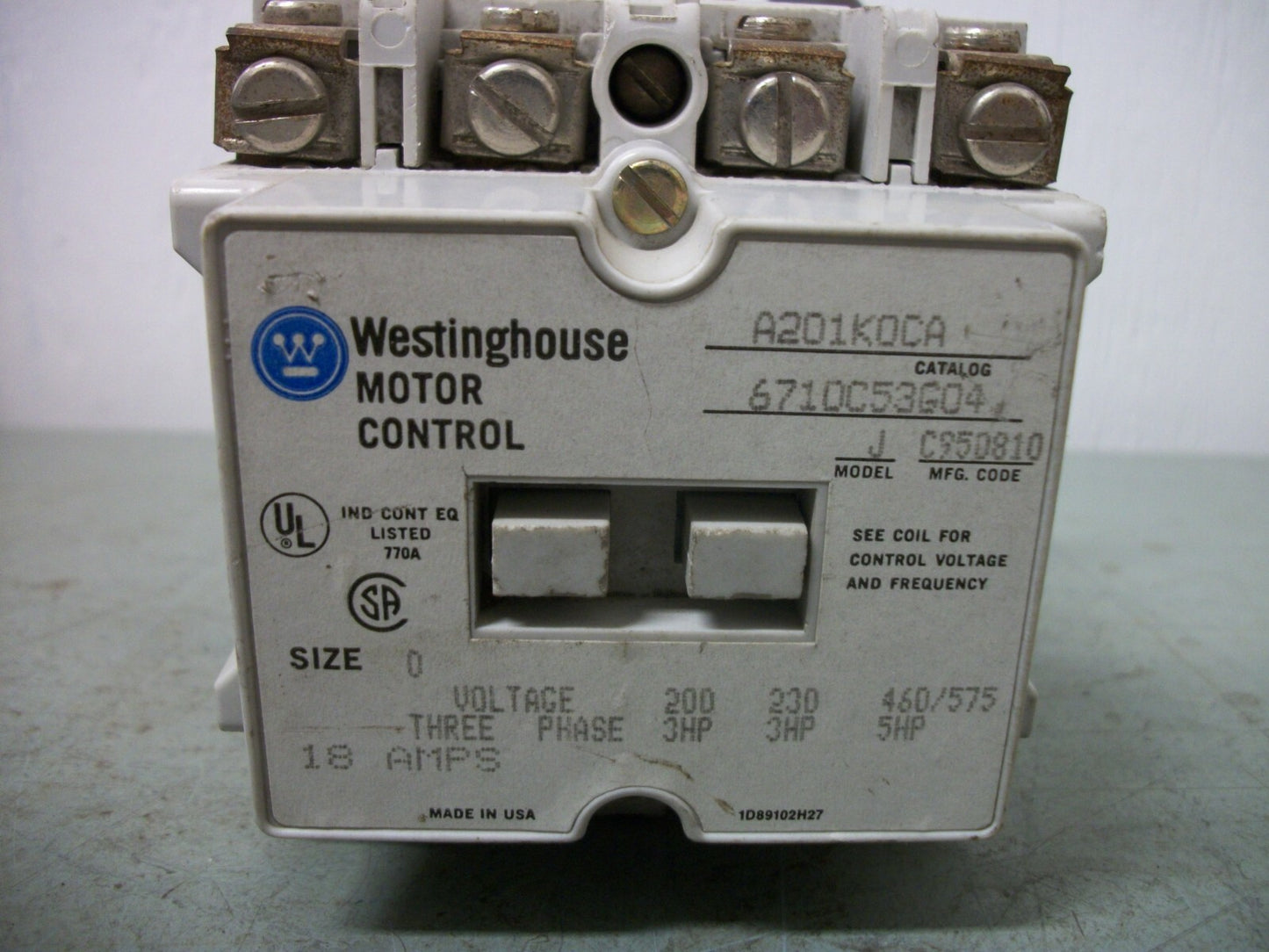 WESTINGHOUSE SIZE 0 CONTACTOR A201K0CA 18AMP 120VCOIL 3PH 600V 5HP