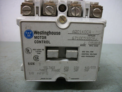 WESTINGHOUSE SIZE 0 CONTACTOR A201K0CA 18AMP 120VCOIL 3PH 600V 5HP