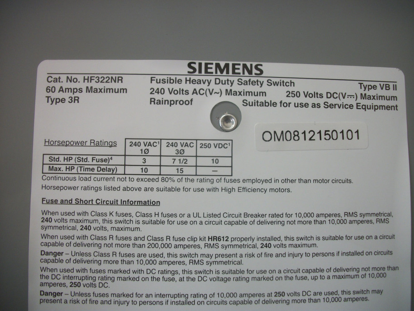 SIEMENS DISCONNECT TYPE 3R HF322NR 60AMP 240VOLT 3POLE FUSIBLE