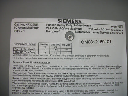SIEMENS DISCONNECT TYPE 3R HF322NR 60AMP 240VOLT 3POLE FUSIBLE