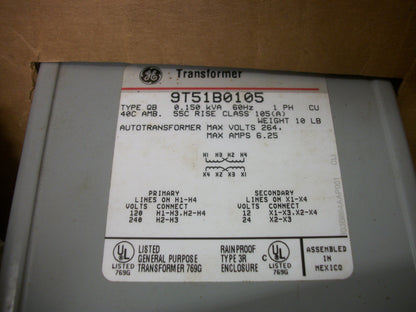 GE 0.150KVA 1PH BUCK BOOST TRANSFORMER 9T51B0105 HV 120X240 LV 12/24 NIB