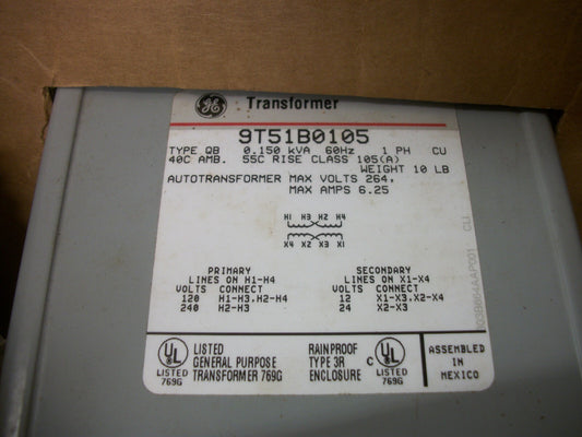 GE 0.150KVA 1PH BUCK BOOST TRANSFORMER 9T51B0105 HV 120X240 LV 12/24 NIB