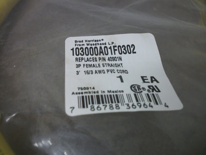 DANIEL WOODHEAD 3' STRAIGHT FEMALE CORDSET 103000A01F0302 3P NEW