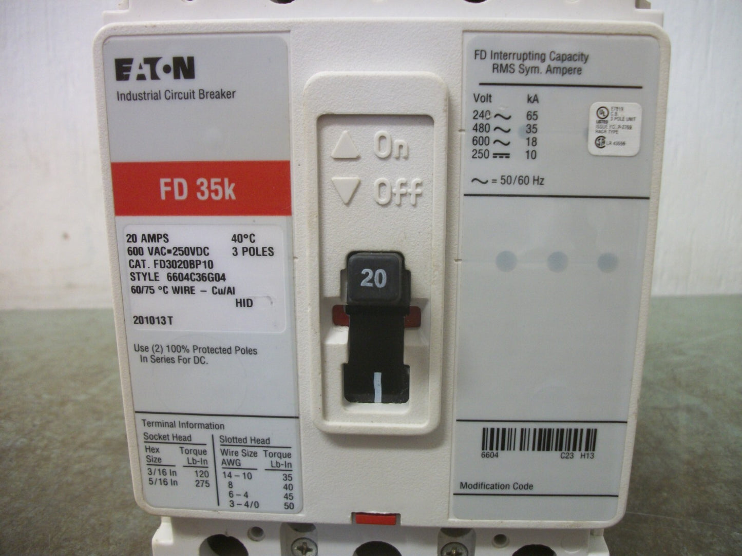 CUTLER-HAMMER FD CIRCUIT BREAKER FD3020BP10 20AMP 600VOLT 3POLE RED NOB