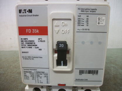 CUTLER-HAMMER FD CIRCUIT BREAKER FD3020BP10 20AMP 600VOLT 3POLE RED NOB