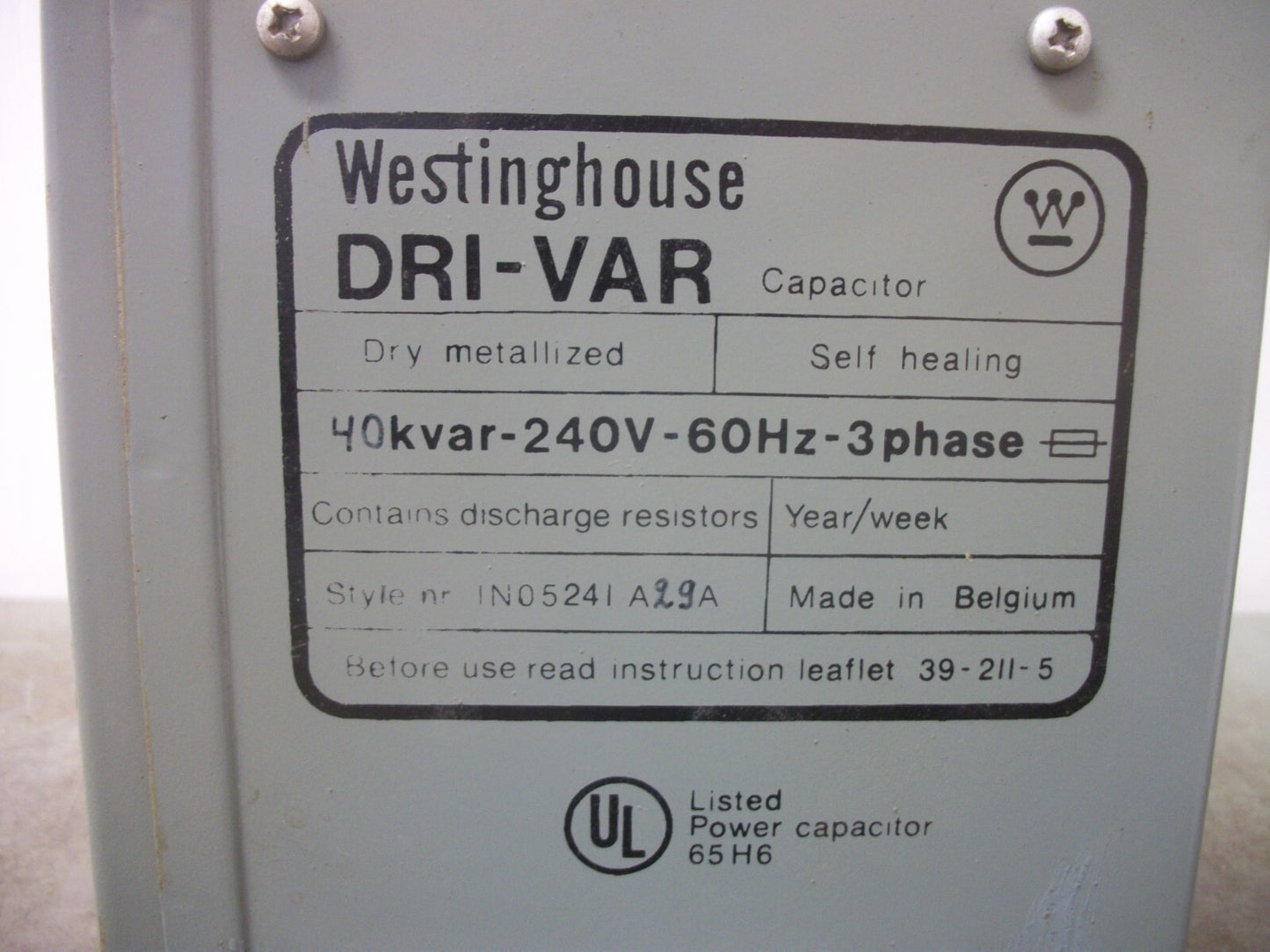 WESTINGHOUSE DRI-VAR CAPACITOR 1N05241A29A 40KVAR 240VOLT 3PH NOB