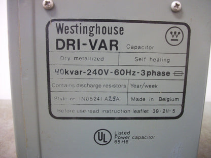 WESTINGHOUSE DRI-VAR CAPACITOR 1N05241A29A 40KVAR 240VOLT 3PH NOB