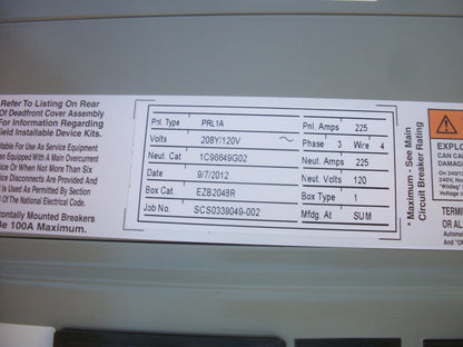 CUTLER-HAMMER PRL1A PANELBOARD INTERIOR EZB2048R 225A 208Y/120V 3PH 225A MAIN