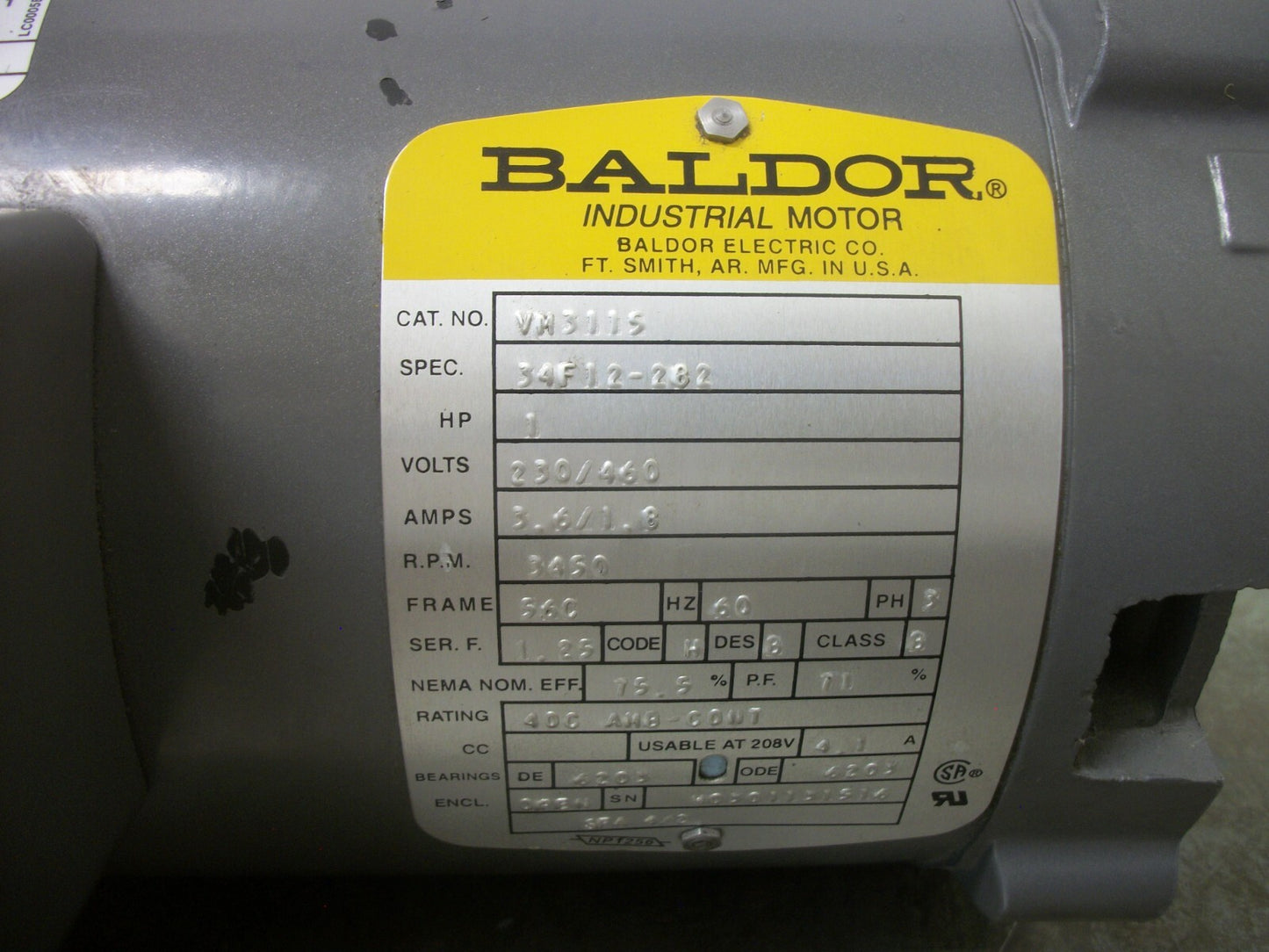 BALDOR 1HP 56C OPEN AC MOTOR VM3115 460VOLT 3PH 3450RPM NOB