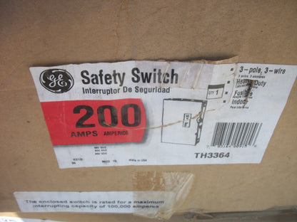 GE DISCONNECT TYPE 1 TH3364 200AMP 600VOLT 3POLE FUSIBLE NIB