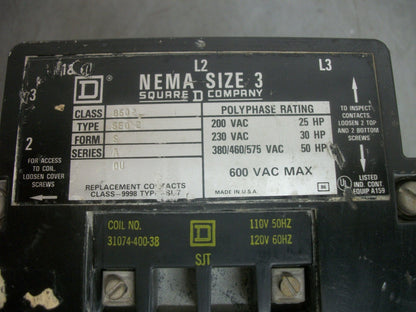 SQUARE D SIZE 3 CONTACTOR 8502SEO2 120VCOIL 3PH 600V 50HP