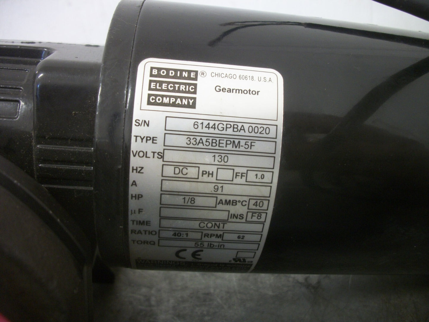 BODINE 1/8HP 40:1 RATIO DC GEARMOTOR 33A5BEPM-5F 130VDC 62RPM