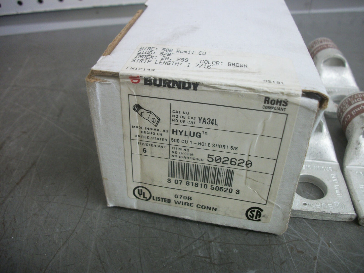BURNDY 502620 BOX OF 5 HYLUG 500 CU 1-HOLE 5/8 COMPRESSION LUGS YA34L NIB