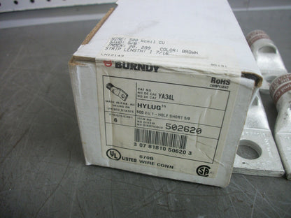BURNDY 502620 BOX OF 5 HYLUG 500 CU 1-HOLE 5/8 COMPRESSION LUGS YA34L NIB