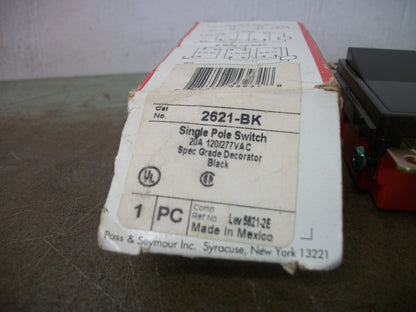 PASS & SEYMOUR BLACK SINGLE POLE ROCKER SWITCH 2621-BK 20AMP 120/277VOLT NIB