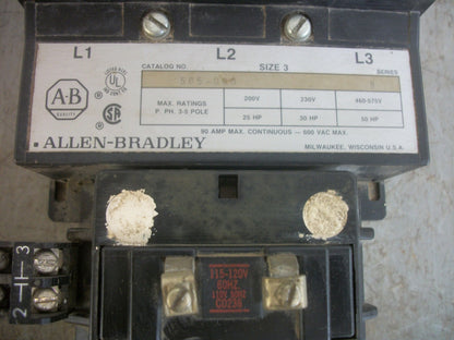 ALLEN-BRADLEY SIZE 3 CONTACTOR 505-DOD 90AMP 120VCOIL 3PH 600V 50HP