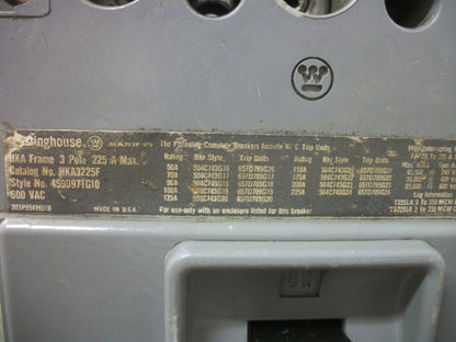 WESTINGHOUSE HKA CIRCUIT BREAKER HKA3225F 225AMP 600VOLT 3POLE W/100A TRIP