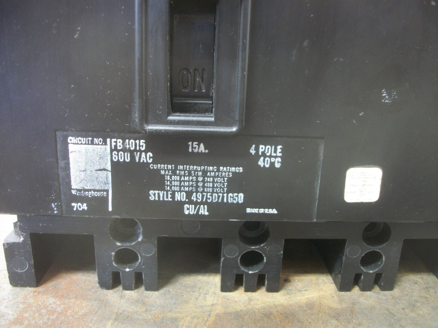 WESTINGHOUSE FB CIRCUIT BREAKER FB4015 15AMP 600VOLT 4POLE